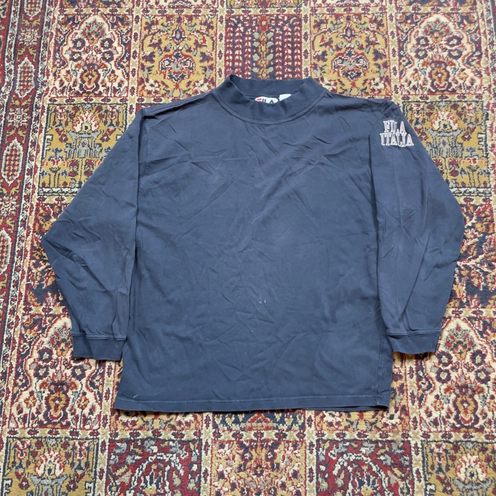 VTG 80s 90s Fila Italia Mock Neck Long Sleeve Shirt Navy Blue Large Embroidered